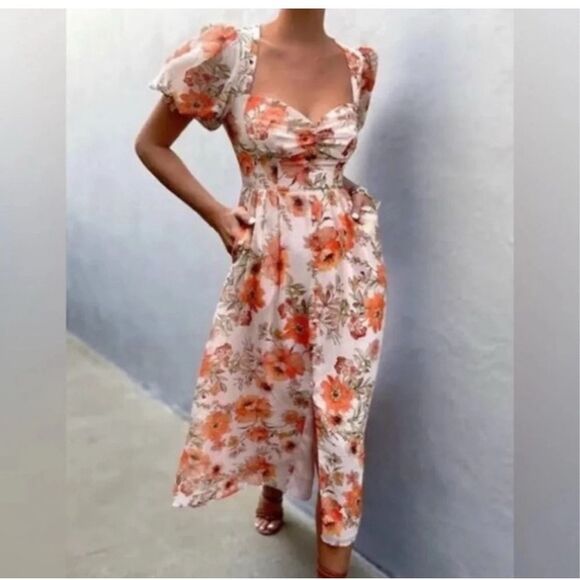 Seven Wonders Orange Cream Lizbeth Floral Sweetheart Neck Midi Dress Size 6 - Picture 1 of 12